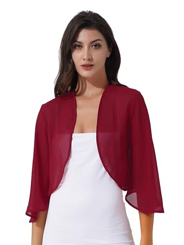 Jowowha Damen Bolero Chiffon Jacke Festlich Kurz Cardigan Tops 3/4 Ärmel Chiffon Strickjacke für Hochzeit Abendkleid Cocktail Partykleid S-4XL A Weinrot L von Jowowha