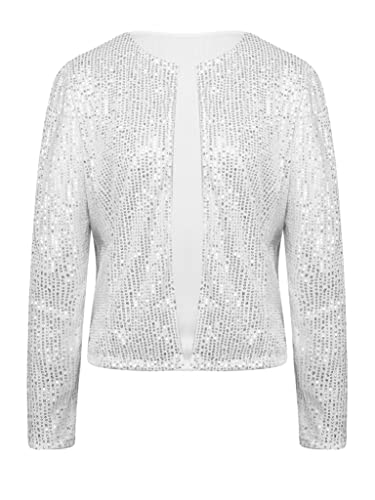 Jowowha Damen Bolero Jacke Pailletten Langarm Schulterjacke Mantel Festlich Cardigan Tops für Hochzeit Cocktail Partykleid A Silber 3XL von Jowowha