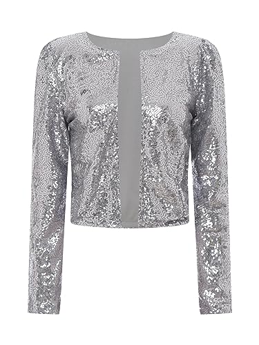 Jowowha Damen Bolero Jacke Pailletten Langarm Schulterjacke Mantel Festlich Cardigan Tops für Hochzeit Cocktail Partykleid Ab Grau XL von Jowowha