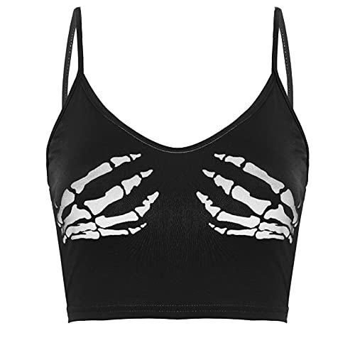 Jowowha Damen Crop Tops Ärmellos Shirt Unterhemd Trägertop mit Skelett Hände Druck Leibchen Tank Top Bauchfrei Oberteile Weste A Schwarz M von Jowowha