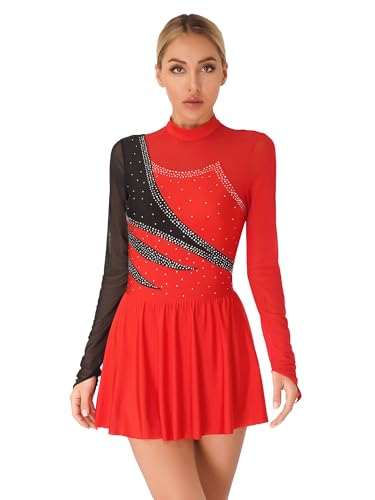 Jowowha Damen Eiskunstlauf Kleid Rollschuhkleid Glitzer Ballettkleid Langarm Ballettanzug mit Strass Ballerina Latein Tanzkleid Performance Wettbewerb G Rot M von Jowowha