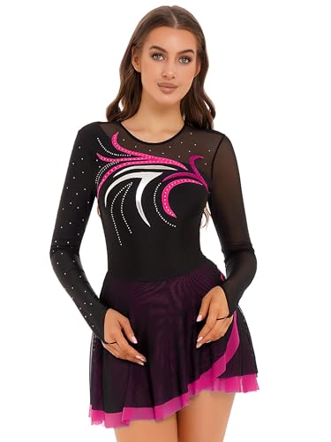 Jowowha Damen Eiskunstlauf Kleid Rollschuhkleid Glitzer Langarm Ballettkleid mit Strass Ballerina Latein Tanzkleid Performance Wettbewerb Aa Dunkel Rosa M von Jowowha