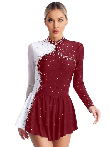 Jowowha Damen Eiskunstlauf Kleid Rollschuhkleid Glitzer Langarm Ballettkleid mit Strass Ballerina Latein Tanzkleid Performance Wettbewerb E Weinrot L von Jowowha