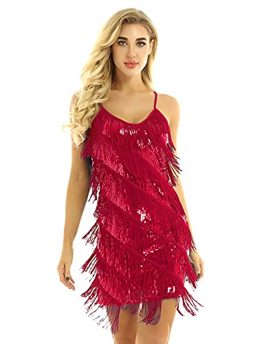 Jowowha Damen Flapper Kleid 1920er Jahre Pailletten Quasten Kleider Bodycon Cocktail Party Fransen Kostüm Samba Tango Tanzkleider A Rot Einheitsgröße von Jowowha