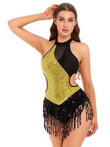 Jowowha Damen Latein Tanzkleid Glitzer Pailletten Quasten Flapper Kleid mit Asymmetrisch Rock Chacha Salsa Tango Ballsaal Tanzkostüm F Gold S von Jowowha