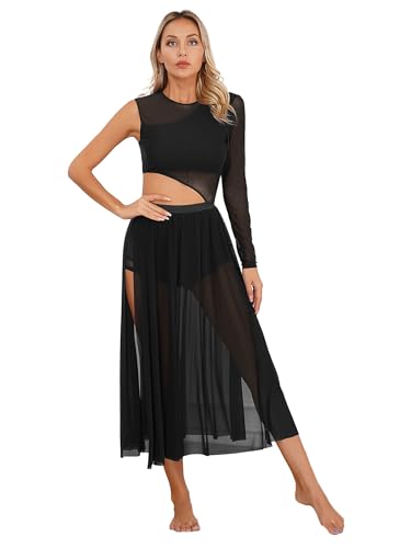 Jowowha Damen Lyrisch Tanzkleid Ballettkleid Langarm Eiskunstlauf Kleid mit Mesh Rock Modern Contemporary Latein Tanzkleid A Schwarz M von Jowowha