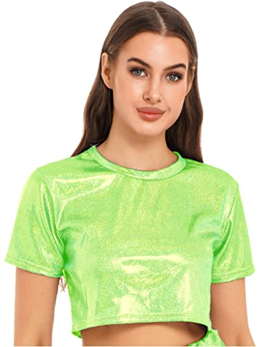 Jowowha Damen Metallic Shirt Wetlook Kurzarm T-Shirt Unterhemd Glänzend Crop Tops Silvester Oberteile Karneval Kostüm Rave Party Clubwear C Fluorescent Grün S von Jowowha