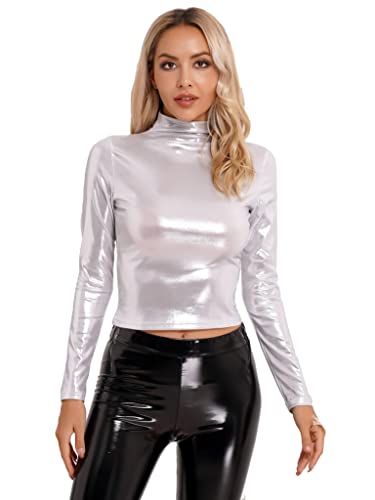 Jowowha Damen Metallic Tops Wetlook Glänzend Langarmshirt Crop Top Bauchfrei Oberteile Metallic Party Tops B Silber L von Jowowha