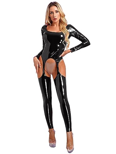 Jowowha Damen Wetlook Jumpsuit Ouvert Body Overall Lack Leder Ganzkörperanzug Metallic Catsuit Ouvert Hose Leggings GOGO Clubwear A Schwarz XL von Jowowha