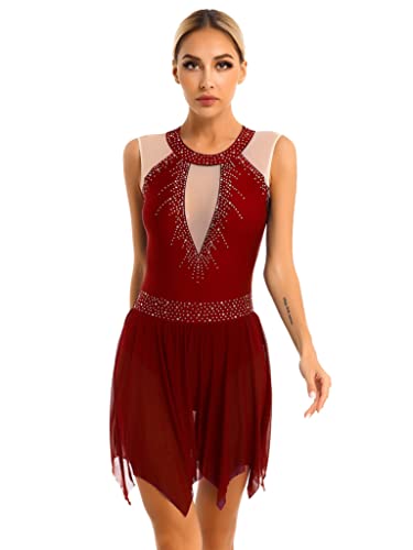 Jowowha Eiskunstlauf Kleid Damen Glitzer Tanzkleid Ballettkleid mit Strass Rollschuhkleid Latein Ballerina Tanzkostüm Wettbewerb Tanzkleidung Aa Weinrot A L von Jowowha