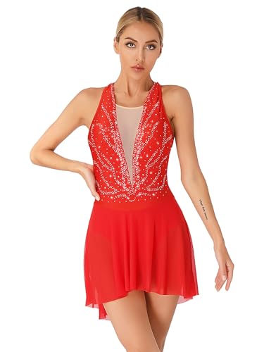 Jowowha Eiskunstlauf Kleid Damen Glitzer Tanzkleid Ballettkleid mit Strass Rollschuhkleid Latein Ballerina Tanzkostüm Wettbewerb Tanzkleidung Ae Rot S von Jowowha