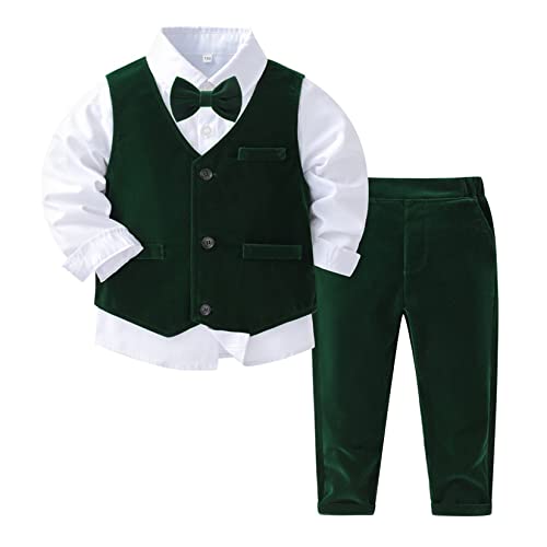 Jowowha Kinder Anzug Set Gentleman Smoking Anzug Fliege Hemd Anzugsweste Hose Blazer Hochzeit Taufe Geburtstagsparty Bekleidungsset K Grün 92-98 von Jowowha