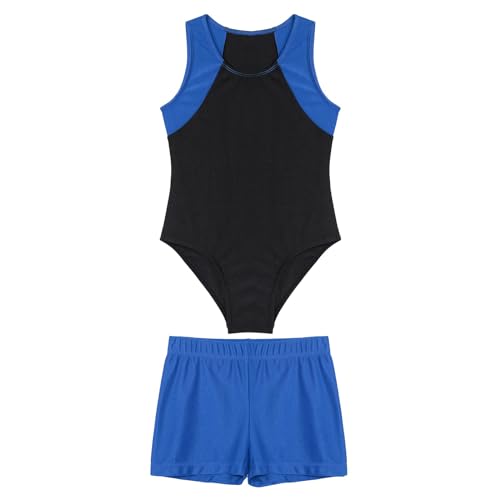 Jowowha Kinder Ballettanzug Jungen Gymnastikanzug Turnanzug Ballett Trikot Leotard Ärmellos Body mit Shorts Gym Sportwear A Blau 146-152 von Jowowha