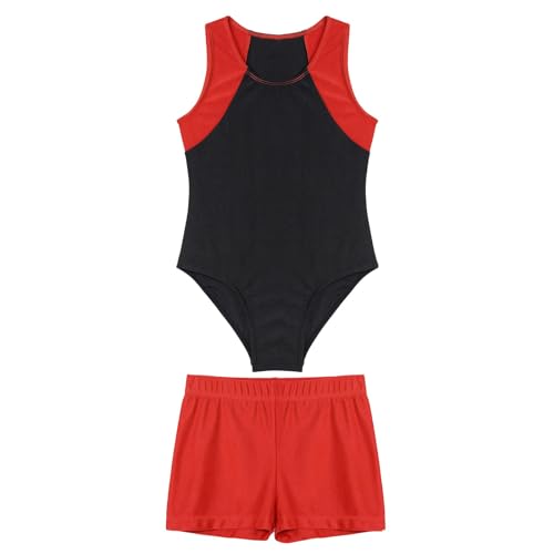 Jowowha Kinder Ballettanzug Jungen Gymnastikanzug Turnanzug Ballett Trikot Leotard Ärmellos Body mit Shorts Gym Sportwear A Rot 122-128 von Jowowha