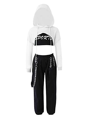 Jowowha Kinder Hip Hop Kleidung Mädchen Langarmshirt Crop Tops + Sport BH Bustier + Cargohose Streetwear Jazz Tanzkleidung Gr.98-176 A Weiß A 146-152 von Jowowha