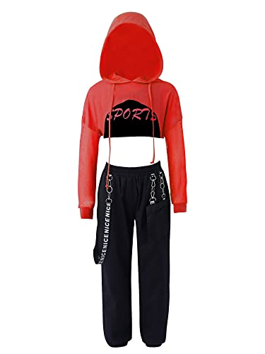 Jowowha Kinder Hip Hop Kleidung Mädchen Langarmshirt Crop Tops + Sport BH Bustier + Cargohose Streetwear Jazz Tanzkleidung Gr.98-176 Aa Rot 134-140 von Jowowha