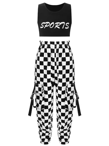 Jowowha Kinder Hip Hop Kleidung Mädchen Sport BH Bustier Crop Tops + Cargohose Jazz Tanzkleidung Streetwear Gr.98-176 A Schwarz A 122-128 von Jowowha