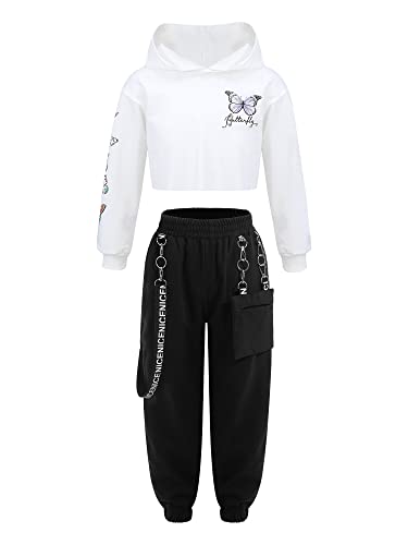 Jowowha Kinder Hip Hop Kleidung Mädchen Schmetterling Sweatshirt Crop Tops + Cargohose Streetwear Jazz Tanzkleidung Gr.110-176 A Weiß 134-140 von Jowowha
