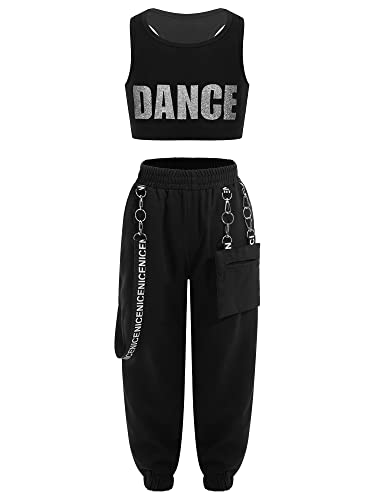 Jowowha Kinder Hip Hop Kleidung Mädchen Sport BH Bustier Crop Tops + Cargohose Jazz Tanzkleidung Streetwear Gr.98-176 E Weiß 134-140 von Jowowha