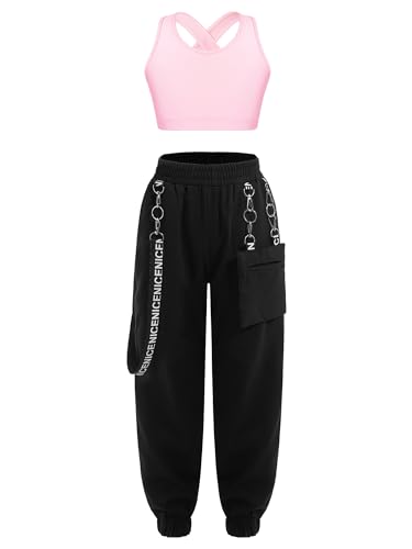 Jowowha Kinder Hip Hop Kleidung Mädchen Sport BH Bustier Crop Tops + Cargohose Jazz Tanzkleidung Streetwear Gr.98-176 B Rosa 158-164 von Jowowha