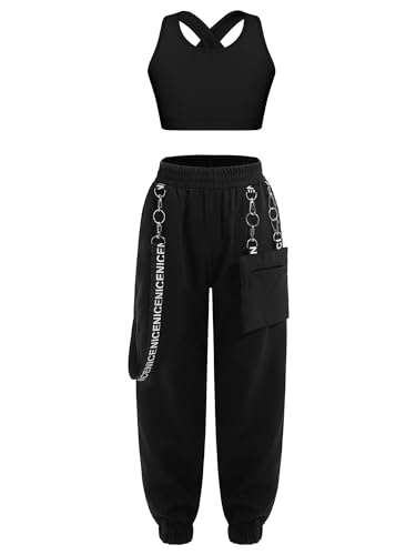 Jowowha Kinder Hip Hop Kleidung Mädchen Sport BH Bustier Crop Tops + Cargohose Jazz Tanzkleidung Streetwear Gr.98-176 B Schwarz 158-164 von Jowowha