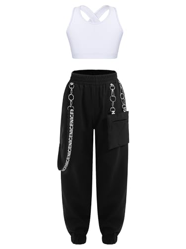 Jowowha Kinder Hip Hop Kleidung Mädchen Sport BH Bustier Crop Tops + Cargohose Jazz Tanzkleidung Streetwear Gr.98-176 B Weiß 134-140 von Jowowha