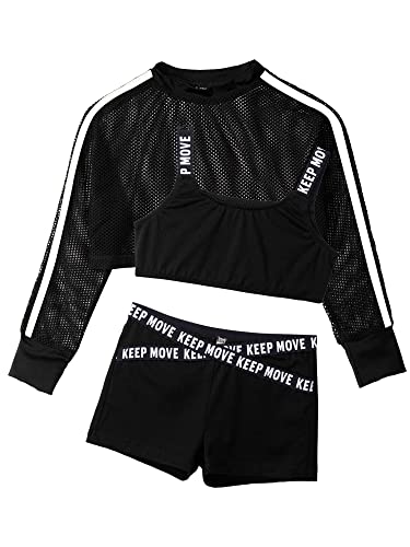 Jowowha Kinder Hip Hop Kleidung Mädchen Langarmshirt Crop Tops + Sport BH Bustier + Sport Shorts Streetwear Jazz Tanzkleidung A Schwarz A 110-116 von Jowowha