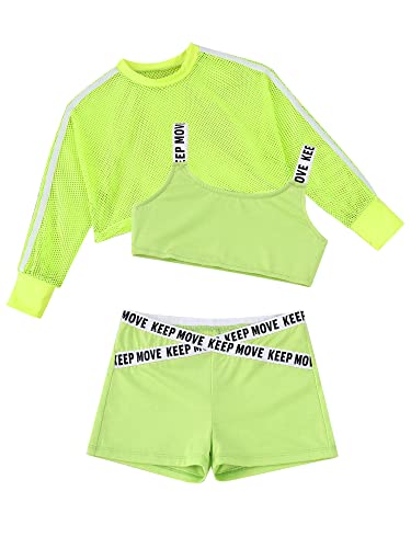 Jowowha Kinder Hip Hop Kleidung Mädchen Langarmshirt Crop Tops + Sport BH Bustier + Sport Shorts Streetwear Jazz Tanzkleidung Aa Fluorescent Grün 110-116 von Jowowha