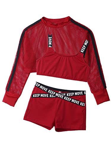 Jowowha Kinder Hip Hop Kleidung Mädchen Langarmshirt Crop Tops + Sport BH Bustier + Sport Shorts Streetwear Jazz Tanzkleidung Rot 110-116 von Jowowha