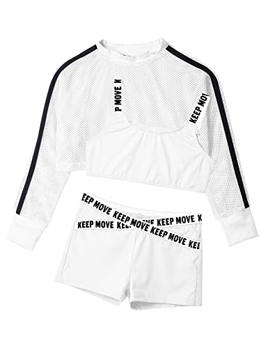 Jowowha Kinder Hip Hop Kleidung Mädchen Langarmshirt Crop Tops + Sport BH Bustier + Sport Shorts Streetwear Jazz Tanzkleidung Weiß 110-116 von Jowowha