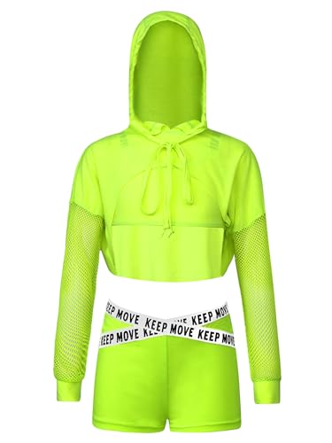 Jowowha Kinder Hip Hop Kleidung Mädchen Langarmshirt Crop Tops + Sport BH Bustier + Sport Shorts Streetwear Jazz Tanzkleidung D Fluorescent Grün 134-140 von Jowowha