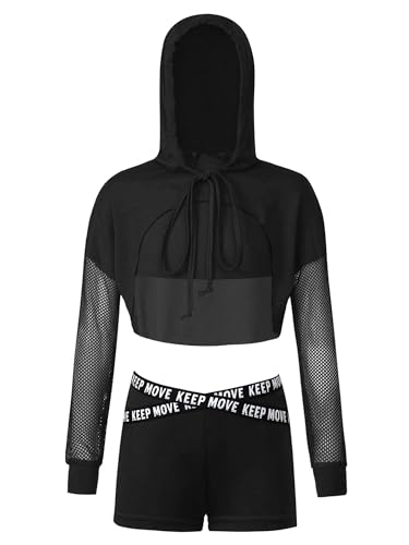 Jowowha Kinder Hip Hop Kleidung Mädchen Langarmshirt Crop Tops + Sport BH Bustier + Sport Shorts Streetwear Jazz Tanzkleidung D Schwarz 134-140 von Jowowha