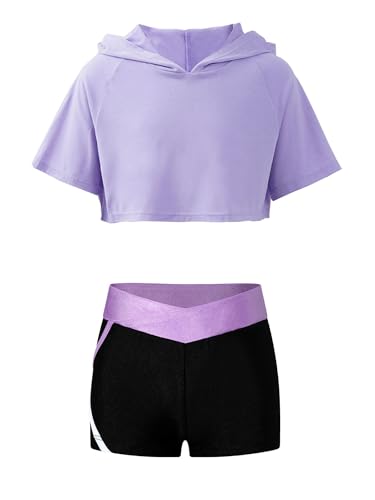 Jowowha Kinder Hip Hop Kleidung Mädchen Langarmshirt Crop Tops + Sport BH Bustier + Sport Shorts Streetwear Jazz Tanzkleidung H Lavendel Ohne BH 122-128 von Jowowha