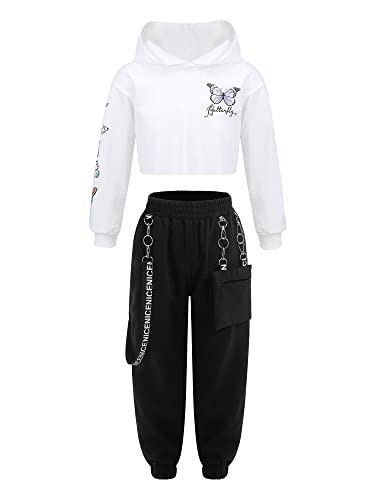 Jowowha Kinder Hip Hop Kleidung Mädchen Schmetterling Sweatshirt Crop Tops + Cargohose Streetwear Jazz Tanzkleidung Gr.110-176 A Weiß 122-128 von Jowowha