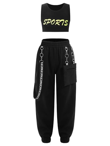 Jowowha Kinder Hip Hop Kleidung Mädchen Sport BH Bustier Crop Tops + Cargohose Jazz Tanzkleidung Streetwear Gr.98-176 Ac Leuchtendes Grün 158-164 von Jowowha