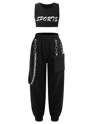 Jowowha Kinder Hip Hop Kleidung Mädchen Sport BH Bustier Crop Tops + Cargohose Jazz Tanzkleidung Streetwear Gr.98-176 Ac Schwarz 146-152 von Jowowha