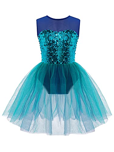 Jowowha Kinder Mädchen Ballettkleid Pailletten Kleid Ballett Trikot Ballettanzug mit Tutu Rock Ballerina Latein Tanzkleid C Meerjungfrau Grün 110-116 von Jowowha