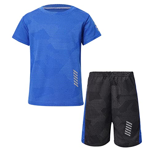 Jowowha Kinder Sport Kleidung Set Jungen Mädchen Sports Trikots Ärmellos/Kurzarm T-Shirt und Shorts Sport Trainingsanzug Fussball Basketball Kleidung L Blau 110-116 von Jowowha