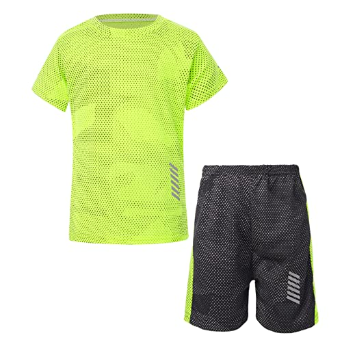 Jowowha Kinder Sport Kleidung Set Jungen Mädchen Sports Trikots Ärmellos/Kurzarm T-Shirt und Shorts Sport Trainingsanzug Fussball Basketball Kleidung L Fluorescent Grün 110-116 von Jowowha