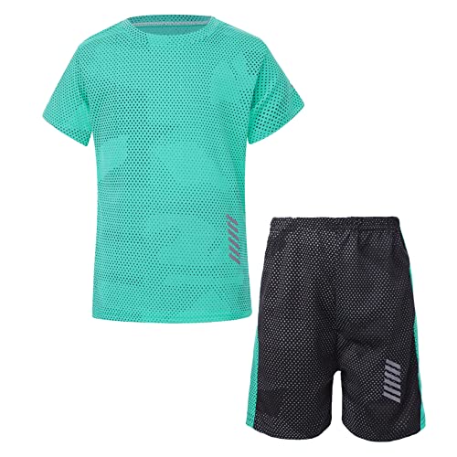 Jowowha Kinder Sport Kleidung Set Jungen Mädchen Sports Trikots Ärmellos/Kurzarm T-Shirt und Shorts Sport Trainingsanzug Fussball Basketball Kleidung L Grün 110-116 von Jowowha