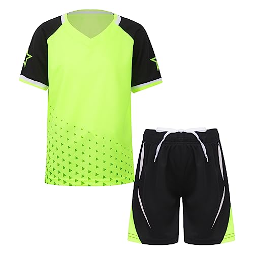 Jowowha Kinder Sport Set Sommer Jungen Sport Trikots Kurzarm T-Shirt + Shorts Sport Trainingsanzug Fussball Basketball Kleidung D Grün 110-116 von Jowowha