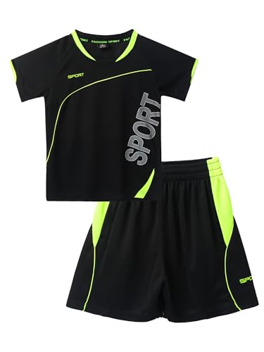 Jowowha Kinder Sport Kleidung Set Jungen Mädchen Sports Trikots Kurzarm T-Shirt und Shorts Sport Trainingsanzug Fussball Basketball Kleidung F Schwarz F 122-128 von Jowowha