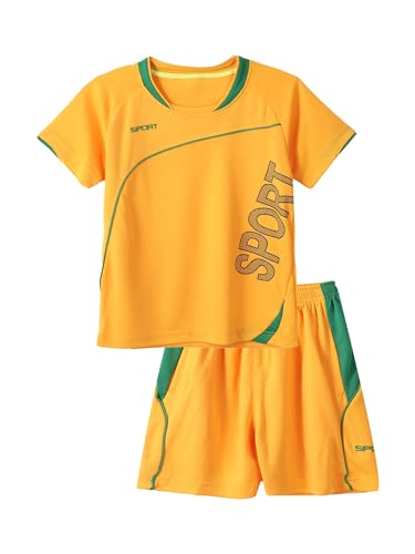 Jowowha Kinder Sport Kleidung Set Jungen Mädchen Sports Trikots Kurzarm T-Shirt und Shorts Sport Trainingsanzug Fussball Basketball Kleidung Hb Gelb 122-128 von Jowowha