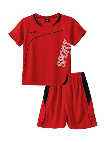 Jowowha Kinder Sport Kleidung Set Jungen Sports Trikots Kurzarm T-Shirt und Shorts Sport Trainingsanzug Fussball Basketball Kleidung Rot 122-128 von Jowowha