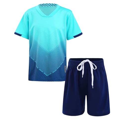 Jowowha Kinder Sport Kleidung Set Jungen Fussball Trikot Set Kurzarm T-Shirt + Shorts Sport Trainingsanzug Jogginganzug A Himmel Blau 122-128 von Jowowha