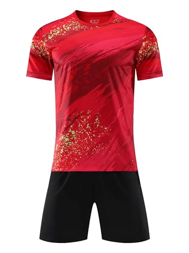 Jowowha Kinder Sport Kleidung Set Jungen Mädchen Sports Trikots Kurzarm T-Shirt und Shorts Sport Trainingsanzug Fussball Basketball Kleidung O Rot B 122-128 von Jowowha