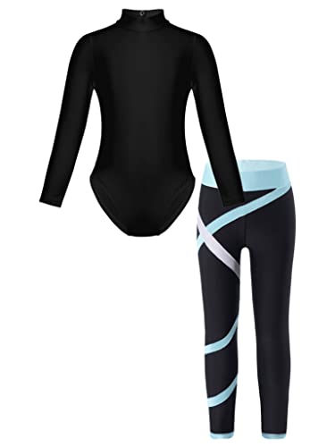 Jowowha Kinder Turnanzug Gymnastikanzug Mädchen Ballettanzug Langarm Ballettbody mit Leggings Sport Training Wettkampf Dancewear Aa Hell Blau 146-152 von Jowowha