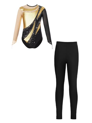 Jowowha Kinder Turnanzug Gymnastikanzug Mädchen Ballettanzug Langarm Ballettbody mit Leggings Sport Training Wettkampf Dancewear F Gold 170-176 von Jowowha