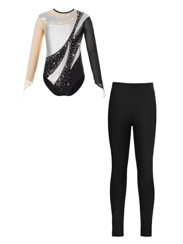 Jowowha Kinder Turnanzug Gymnastikanzug Mädchen Ballettanzug Langarm Ballettbody mit Leggings Sport Training Wettkampf Dancewear F Silber 170-176 von Jowowha