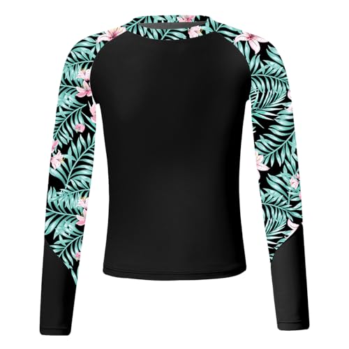 Jowowha Mädchen Badeanzug UV Shirt Langarm Rash Guard mit Reißverschluss Schnelltrocknend Schwimmshirt Badebekleidung Gr.110-176 Aa Schwarz 134-140 von Jowowha